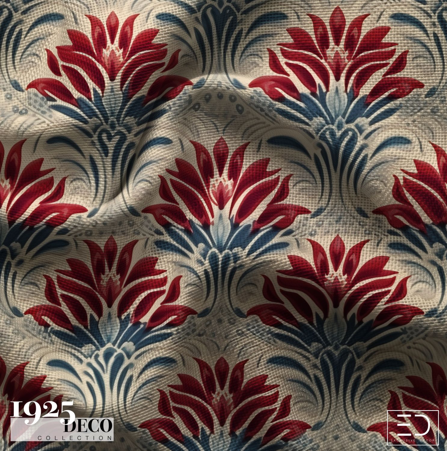 The Vermillion Lotus Fabric: Burgundy &amp; Navy | 1925 Deco Collection