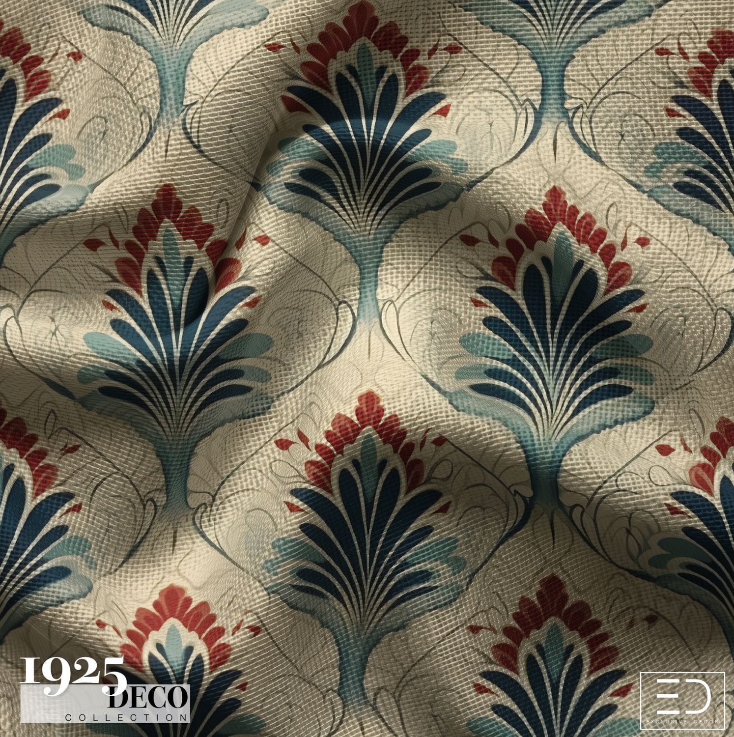 The Debutante's Fan Fabric: Ivory, Navy &amp; Red | 1925 Deco Collection