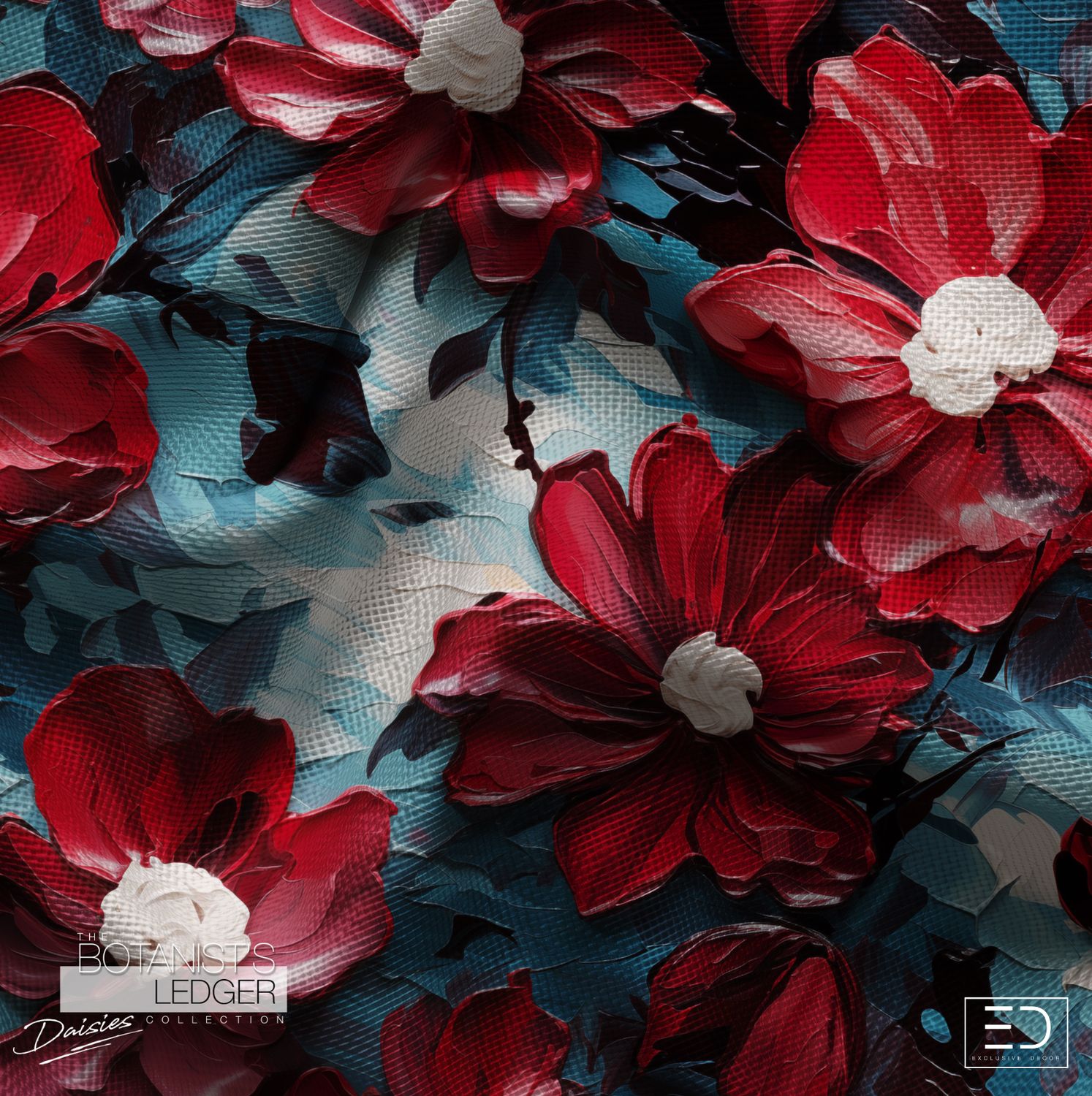 The Scarlet Study Daisy Fabric: Deep Red, Off White &amp; Teal | The Botanist's Ledger Collection