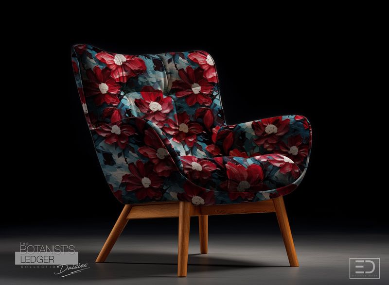 The Scarlet Study Daisy Fabric: Deep Red, Off White & Teal | The Botanist's Ledger Collection