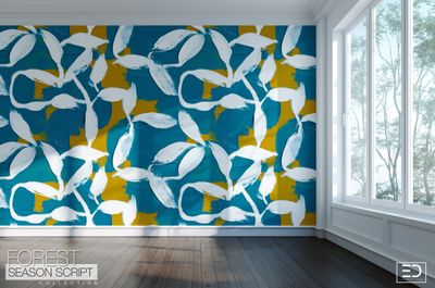 Abstract Leaves on Twigs Wallpaper - Teal, Ochre &amp; White | Forest Season Script Collection