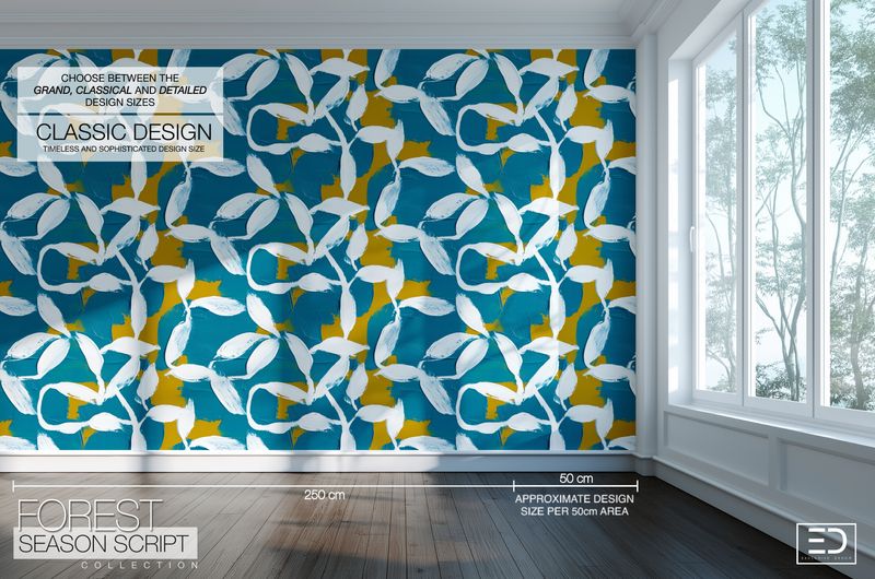 Abstract Leaves on Twigs Wallpaper - Teal, Ochre & White | Forest Season Script Collection