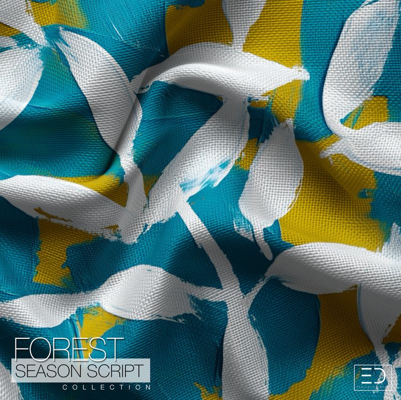 Abstract Leaf Script Fabric, Teal, Ochre and White | Forest Season Script Collection
