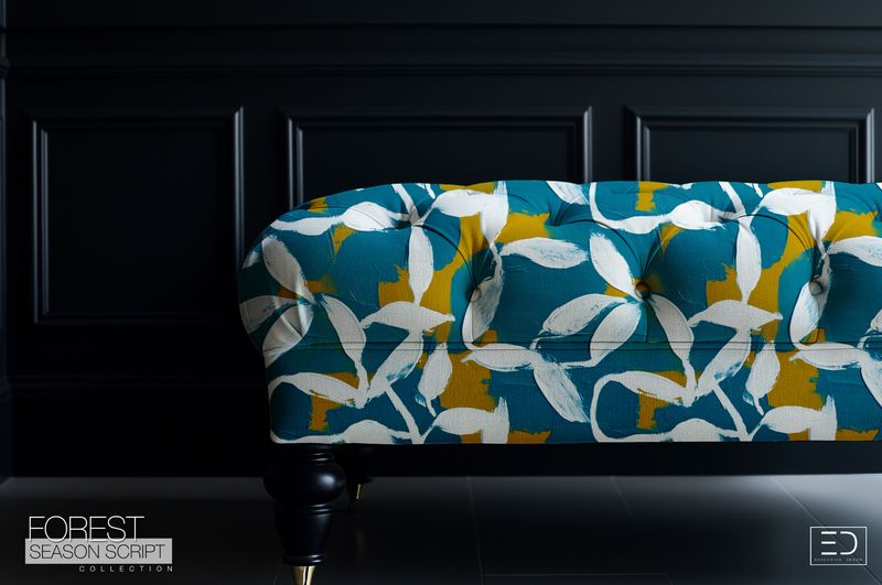 Abstract Leaf Script Fabric, Teal, Ochre and White | Forest Season Script Collection