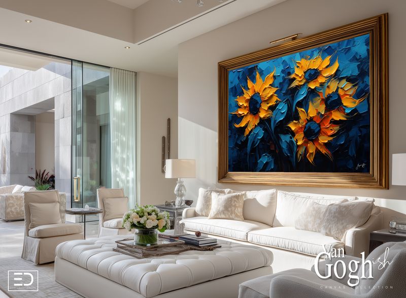 Van Gogh-ish Sunflowers on Blue Art Canvas Print
