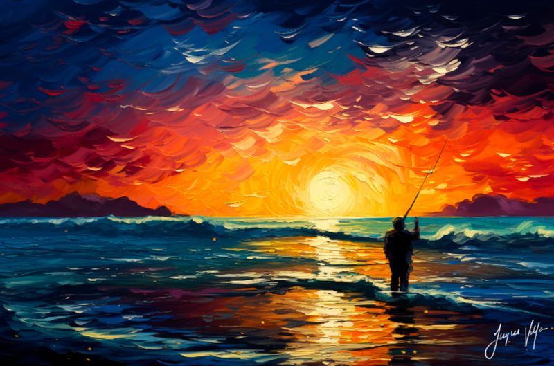 Van Gogh-ish Fisherman Sunset Canvas Design Print