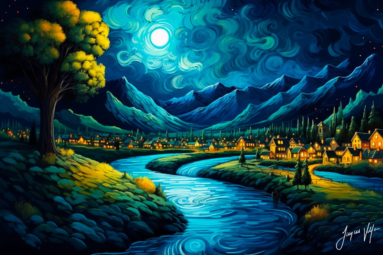 Van Gogh-ish Moonlit Valley Starry Night Art Canvas Print