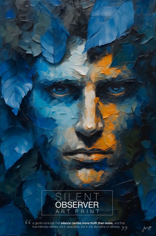 The Silent Observer Art Canvas Print - Abstract Maile Face in Blue Foilage