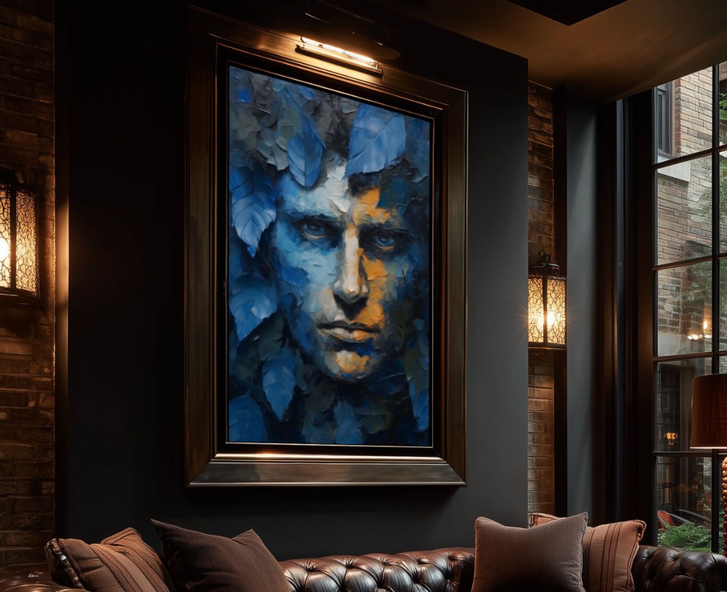 The Silent Observer Art Canvas Print - Abstract Maile Face in Blue Foilage