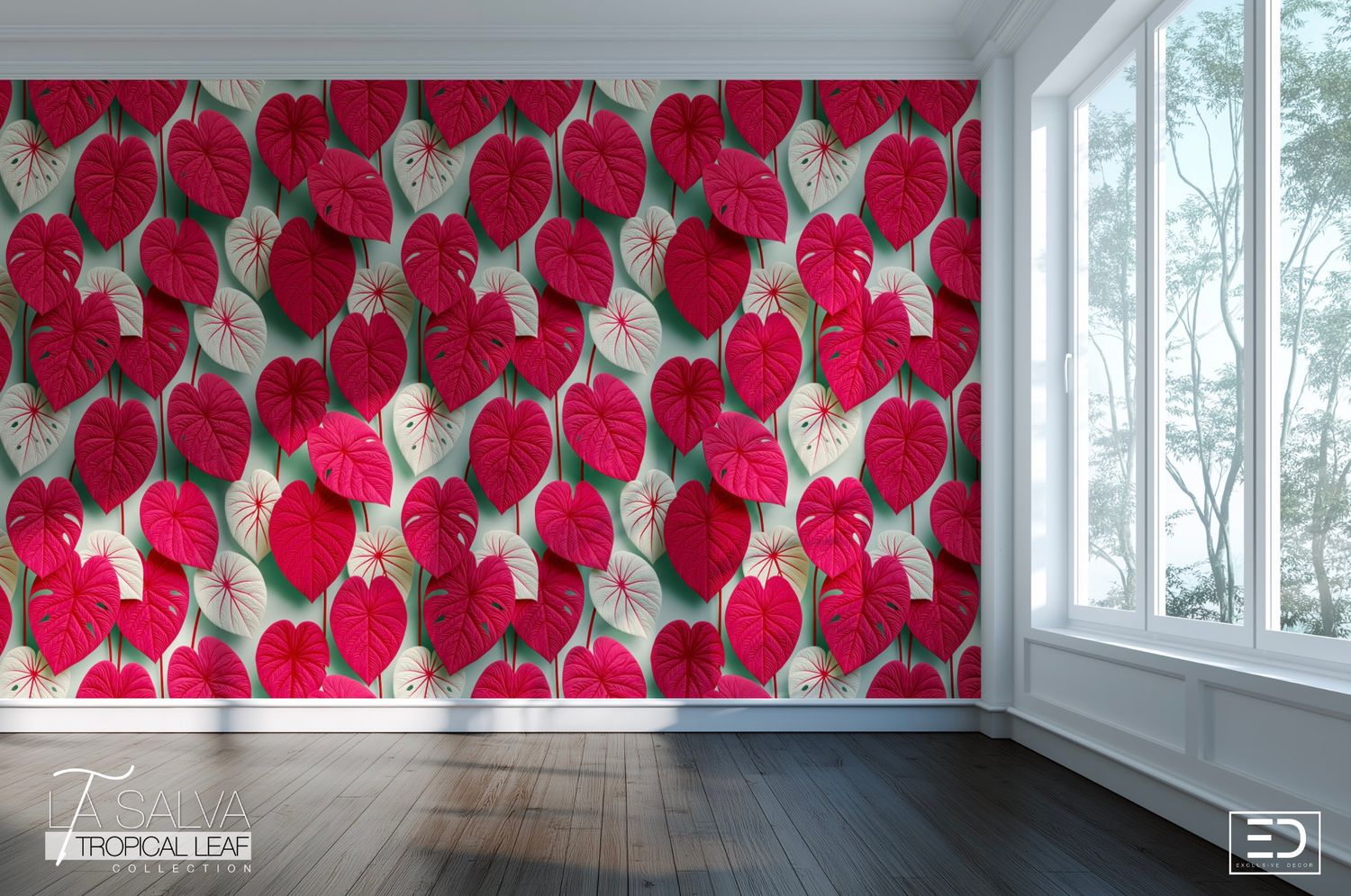 Cerise Leaf Exclusive Wallpaper - Cerise and Sage | La Salva Tropical Leaf Collection