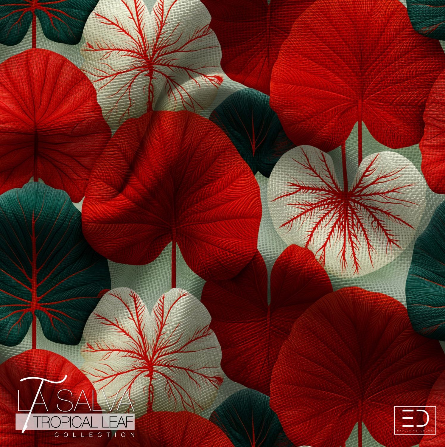 Cardinal Leaf Designer Fabric, Red, White and Green | La Salva Tropical Leaf Collection