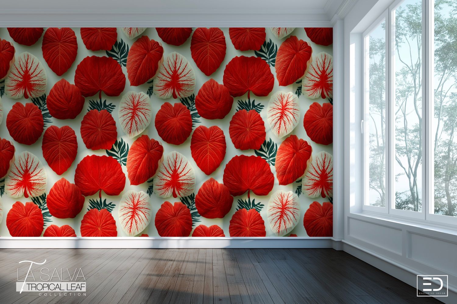 Cardinal in Shadow Exclusive Wallpaper - Red, Cream and Deep Green | La Salva Tropical Leaf Collection