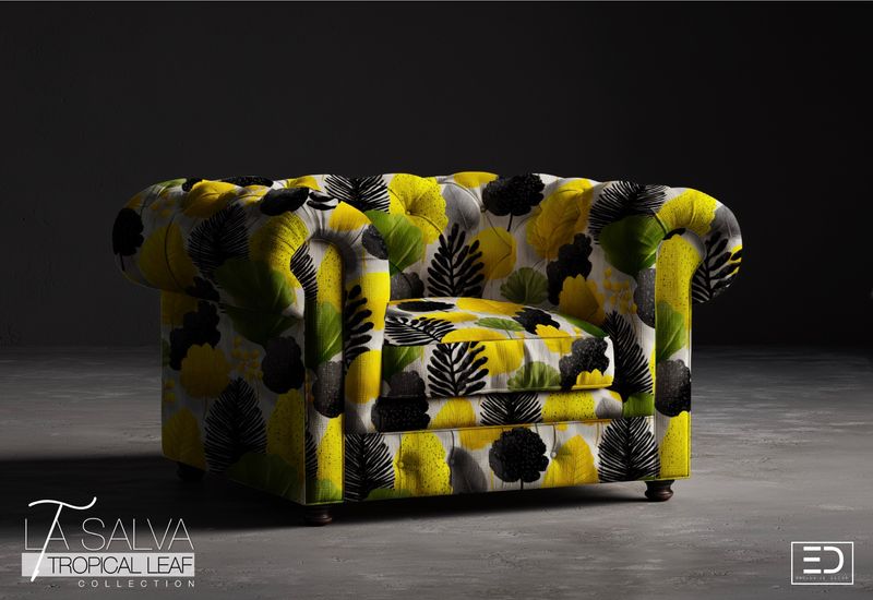 Citrine Grove Designer Fabric, Yellow, Black and Green | La Salva Tropical Leaf Collection