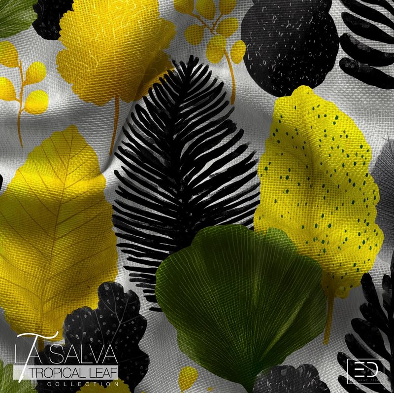 Citrine Grove Designer Fabric, Yellow, Black and Green | La Salva Tropical Leaf Collection Citrine Grove Designer Fabric, Yellow, Black and Green | La Salva Tropical Leaf Collection