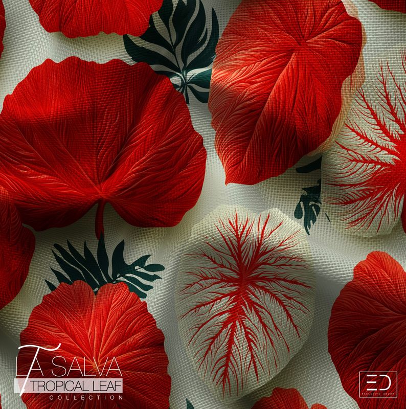 Cardinal In Shadow Leaf Designer Fabric, Red, White and Green | La Salva Tropical Leaf Collection Cardinal In Shadow Leaf Designer Fabric, Red, White and Green | La Salva Tropical Leaf Collection