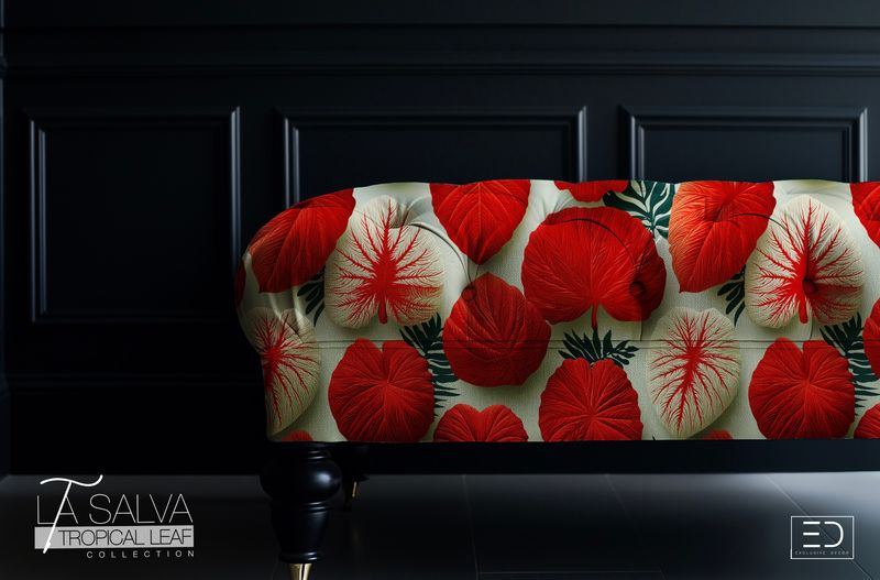 Cardinal In Shadow Leaf Designer Fabric, Red, White and Green | La Salva Tropical Leaf Collection