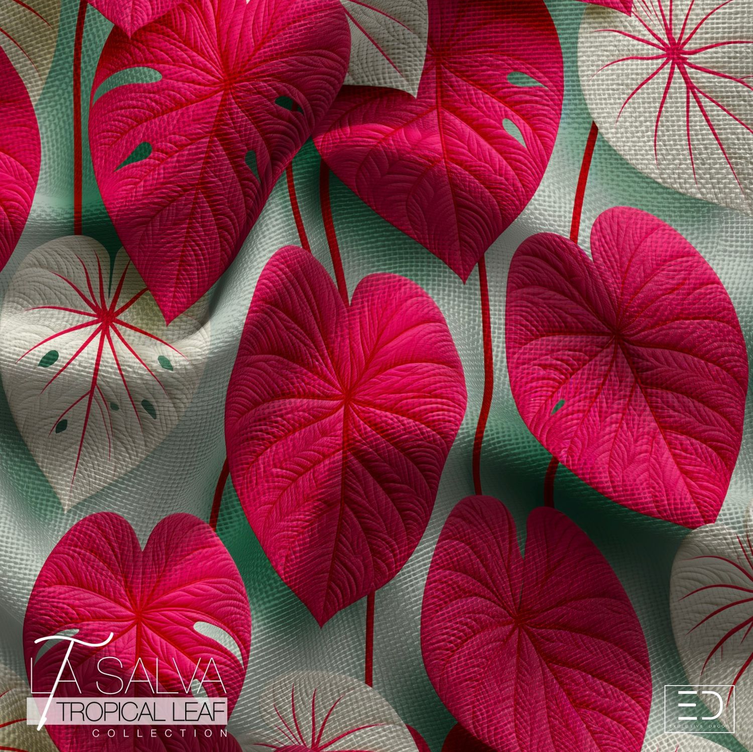 Cerise Leaf Designer Fabric, Cerise and Sage | La Salva Tropical Leaf Collection