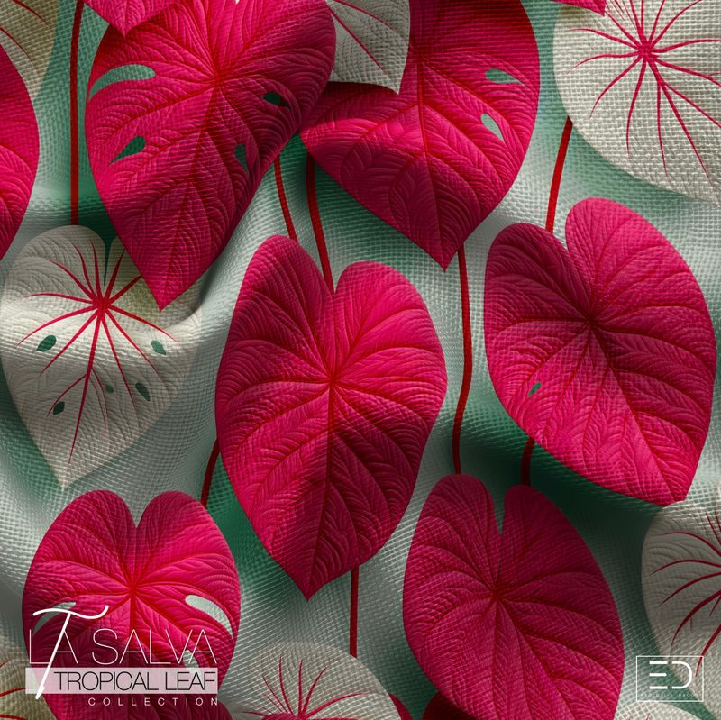 Cerise Leaf Designer Fabric, Cerise and Sage | La Salva Tropical Leaf Collection Cerise Leaf Designer Fabric, Cerise and Sage | La Salva Tropical Leaf Collection