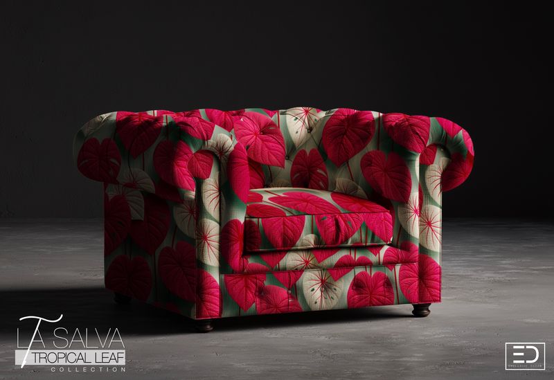 Cerise Leaf Designer Fabric, Cerise and Sage | La Salva Tropical Leaf Collection
