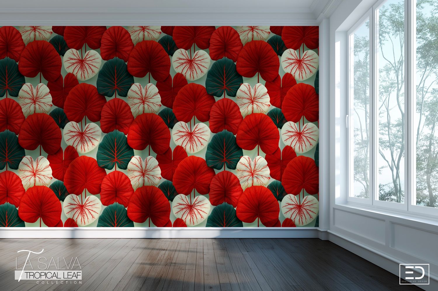 Cardinal Leaf Exclusive Wallpaper - Red, White and Green | La Salva Tropical Leaf Collection
