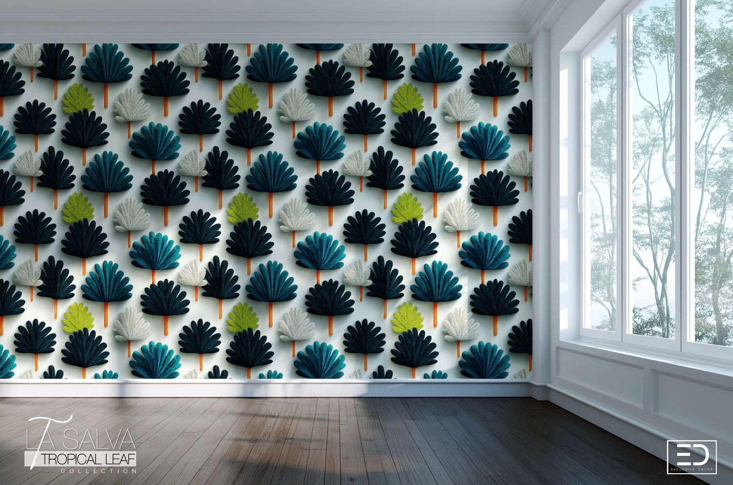 Midnight's Palm Exclusive Wallpaper - Navy, Teal and White | La Salva Tropical Leaf Collection
