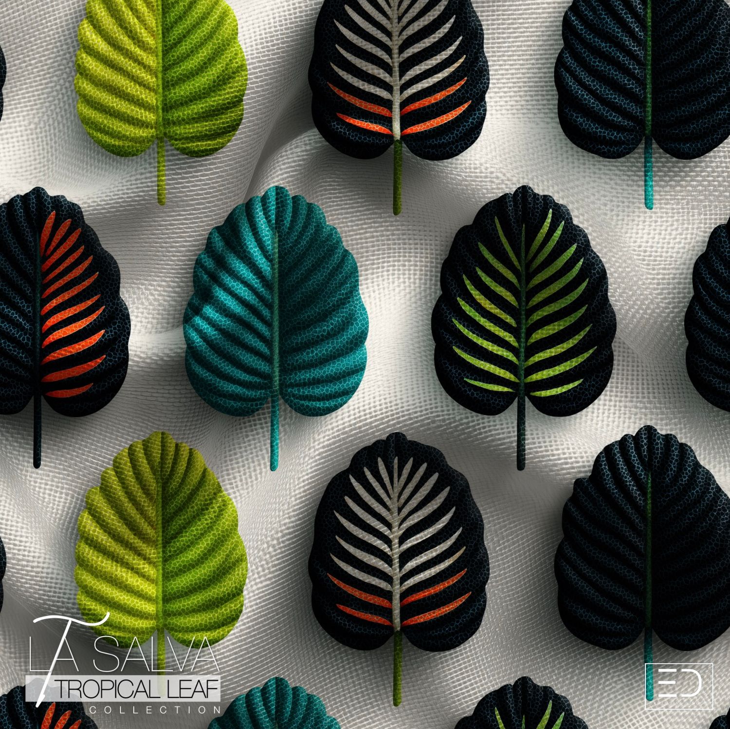 Jungle Grid Designer Fabric, Teal, Black and Green | La Salva Tropical Leaf Collection