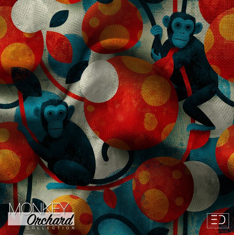 Vanda Monkey Fabric: Carmine Red, Burnt Orange & Teal | Monkey Orchard Collection