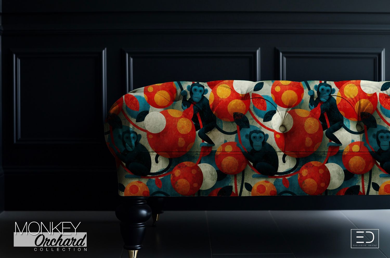 Vanda Monkey Fabric: Carmine Red, Burnt Orange &amp; Teal | Monkey Orchard Collection