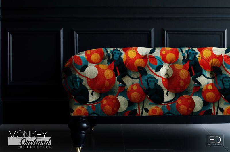 Vanda Monkey Fabric: Carmine Red, Burnt Orange & Teal | Monkey Orchard Collection Vanda Monkey Fabric: Carmine Red, Burnt Orange & Teal | Monkey Orchard Collection