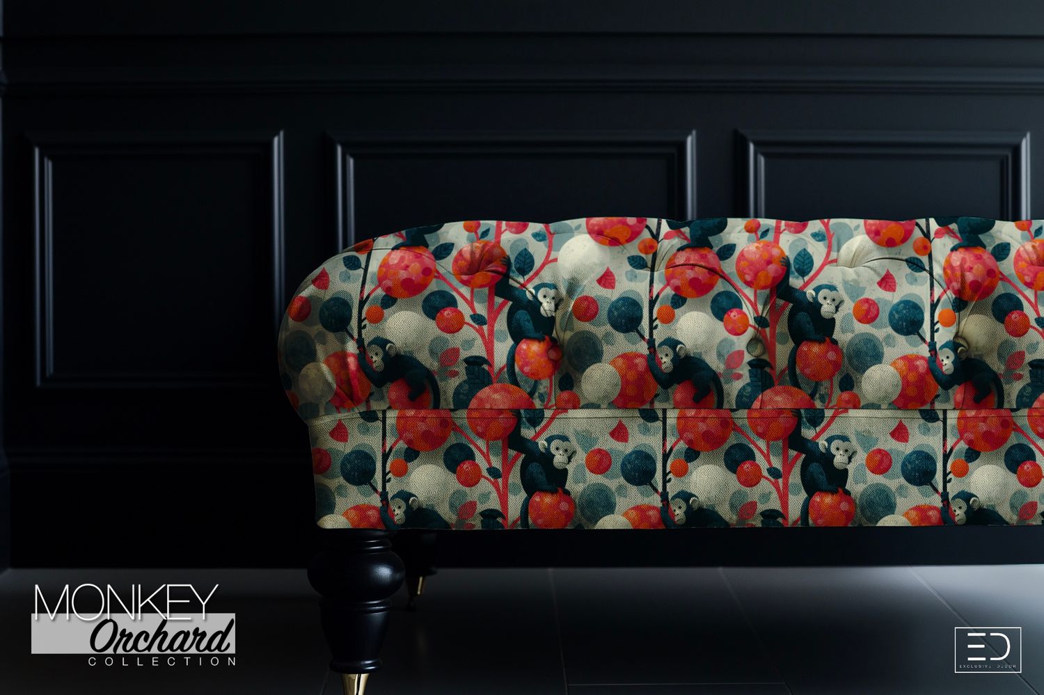 Laelia Monkey Fabric: Coral, Cream &amp; Slate Blue | Monkey Orchard Collection