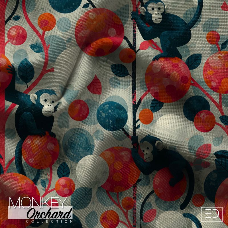 Laelia Monkey Fabric: Coral, Cream & Slate Blue | Monkey Orchard Collection