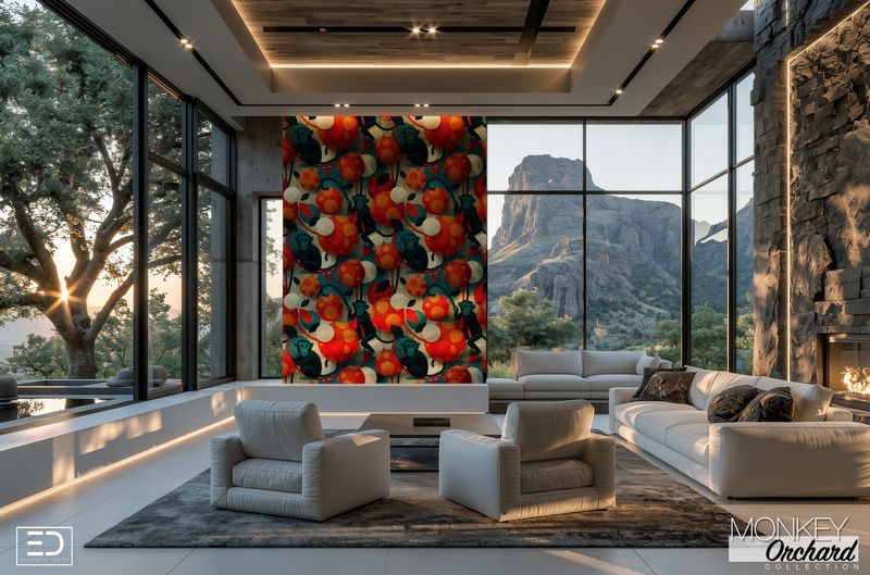 Vanda Monkey Wallpaper: Carmine Red, Burnt Orange & Teal | Monkey Orchard Collection