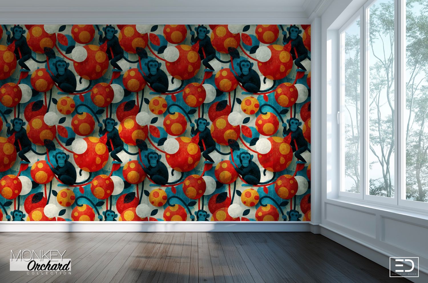 Vanda Monkey Wallpaper: Carmine Red, Burnt Orange &amp; Teal | Monkey Orchard Collection