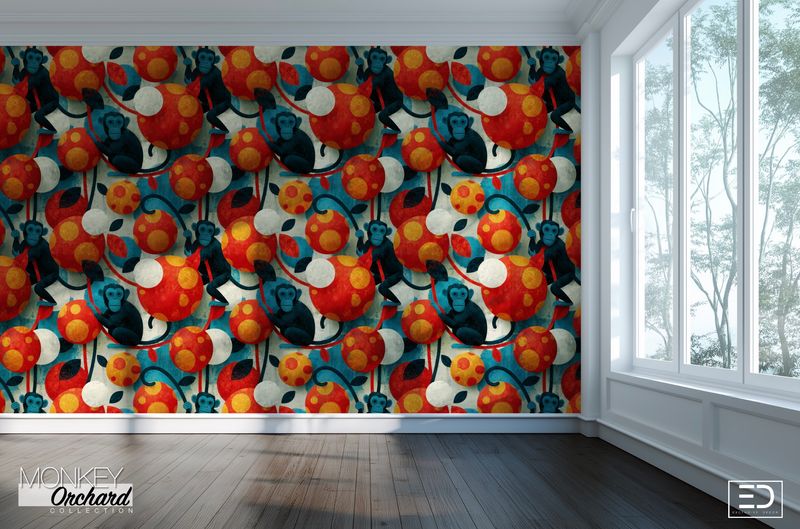 Vanda Monkey Wallpaper: Carmine Red, Burnt Orange & Teal | Monkey Orchard Collection Vanda Monkey Wallpaper: Carmine Red, Burnt Orange & Teal | Monkey Orchard Collection