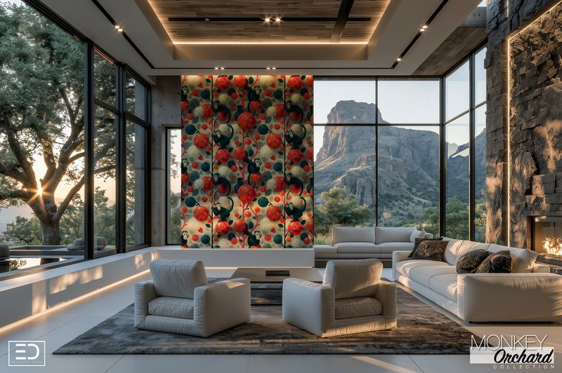 Laelia Monkey Wallpaper: Coral, Cream & Slate Blue | Monkey Orchard Collection