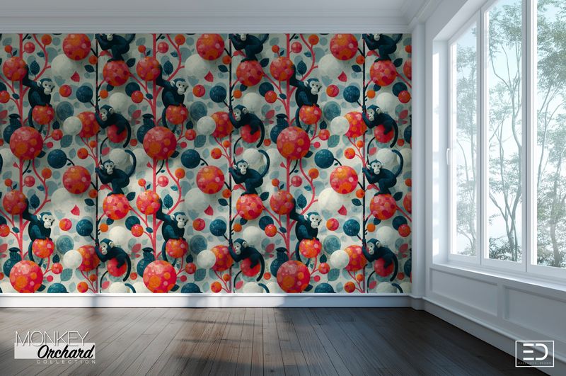 Laelia Monkey Wallpaper: Coral, Cream & Slate Blue | Monkey Orchard Collection Laelia Monkey Wallpaper: Coral, Cream & Slate Blue | Monkey Orchard Collection