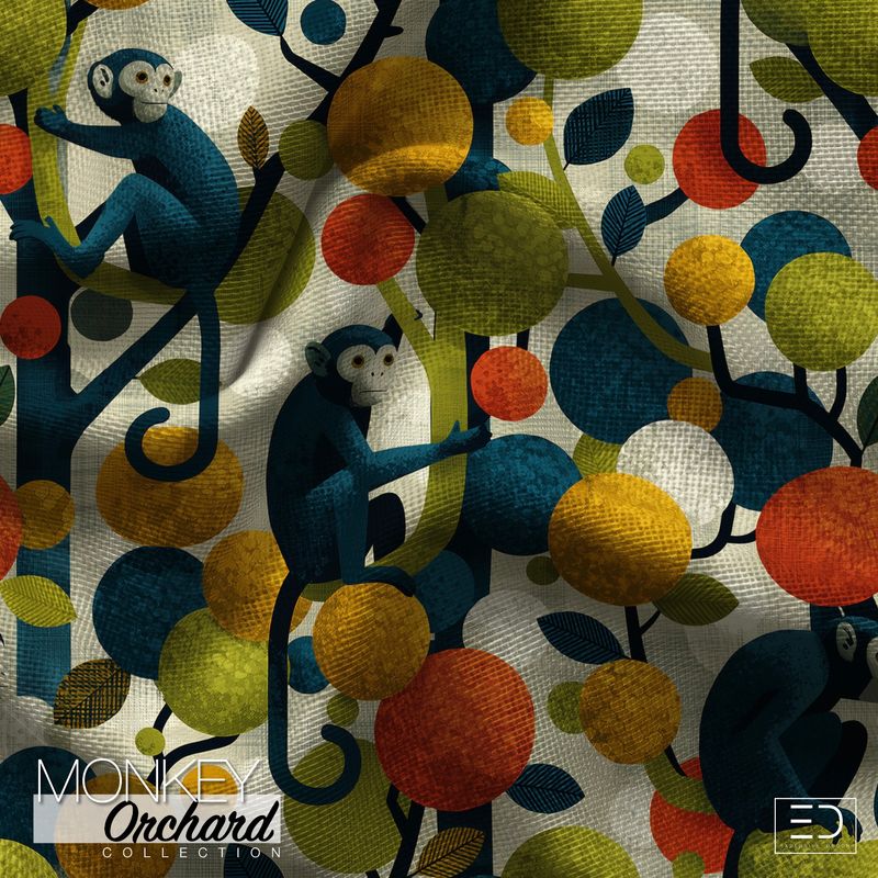 Cymbidium Monkey Fabric: Amber, Olive & Teal | Monkey Orchard Collection