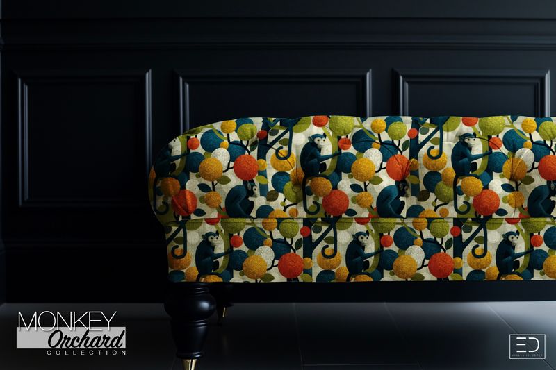 Cymbidium Monkey Fabric: Amber, Olive & Teal | Monkey Orchard Collection Cymbidium Monkey Fabric: Amber, Olive & Teal | Monkey Orchard Collection