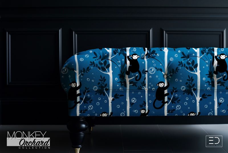 Epidendrum Monkey Fabric: Deep Blue, Ivory & Black | Monkey Orchard Collection Epidendrum Monkey Fabric: Deep Blue, Ivory & Black | Monkey Orchard Collection