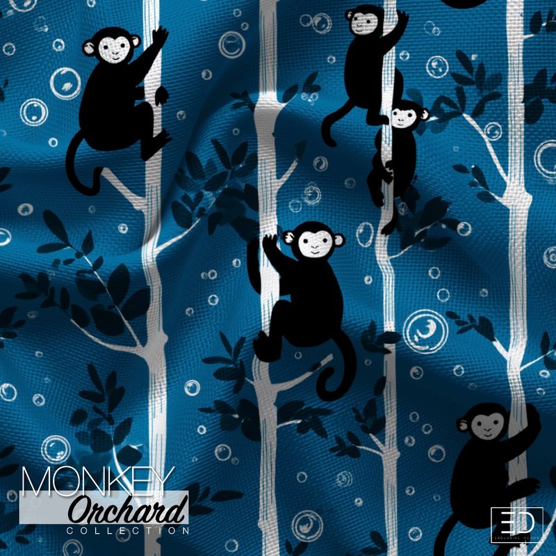 Epidendrum Monkey Fabric: Deep Blue, Ivory & Black | Monkey Orchard Collection