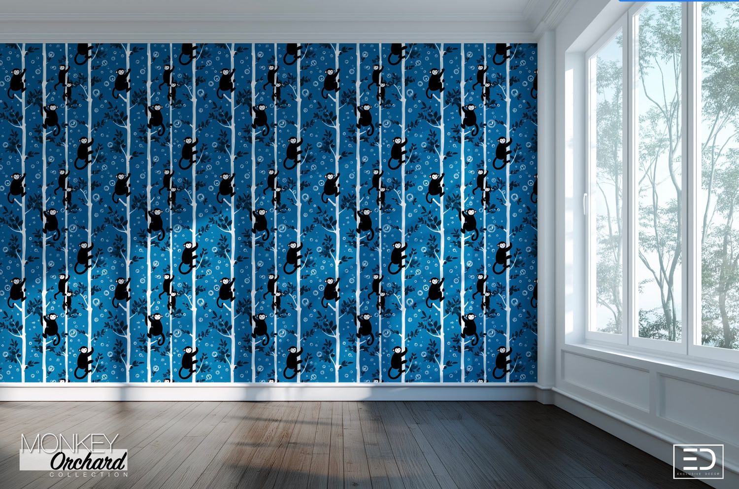 Epidendrum Monkey Wallpaper: Deep Blue, Ivory &amp; Black | Monkey Orchard Collection