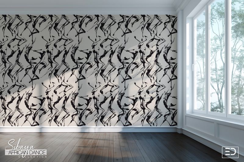 Ukuya Wallpaper: Ink Black, Warm Off-White &amp; Graphite | Sibaya African Dance Collection