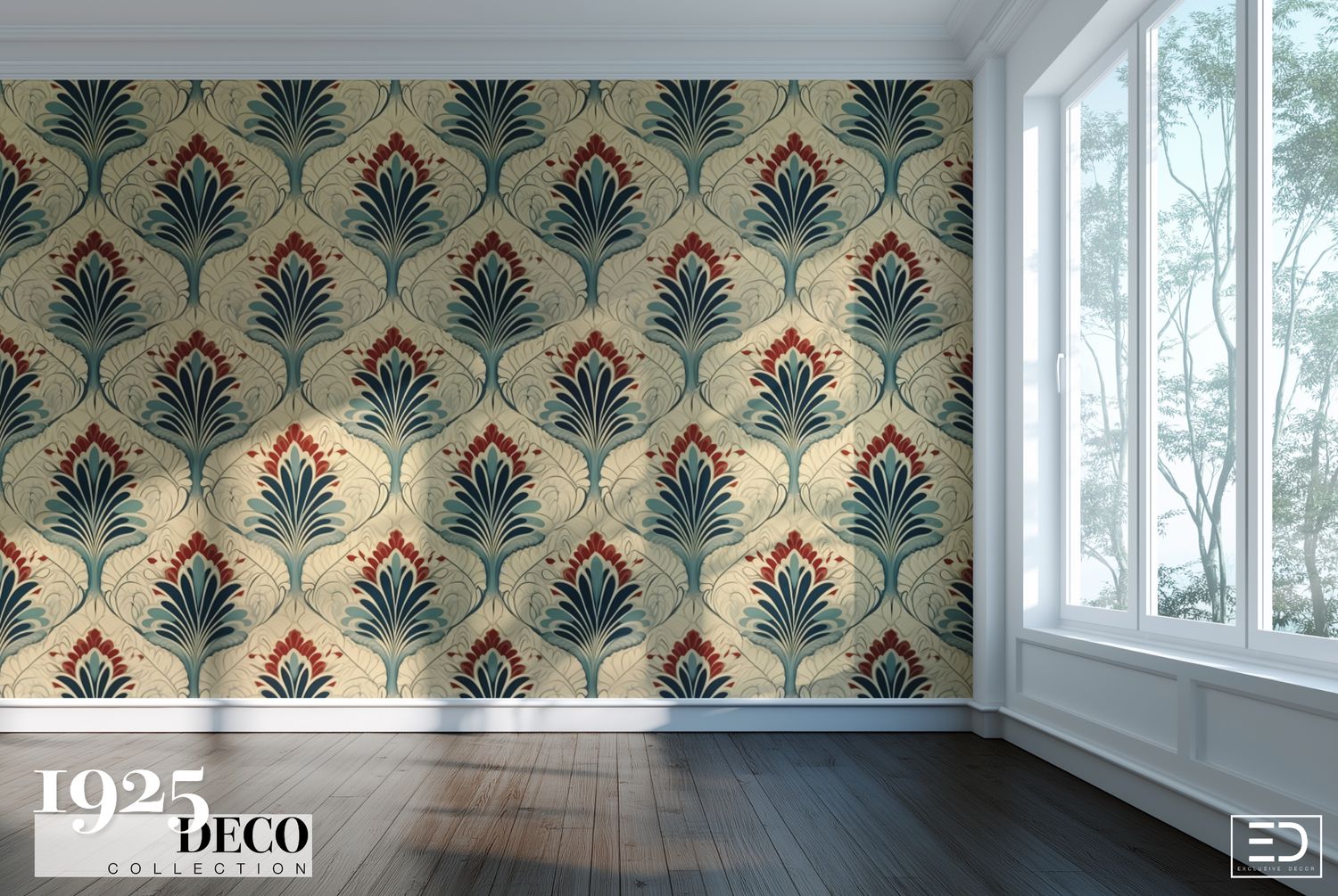 The Debutante's Fan Wallpaper: Ivory, Navy &amp; Red | 1925 Deco Collection