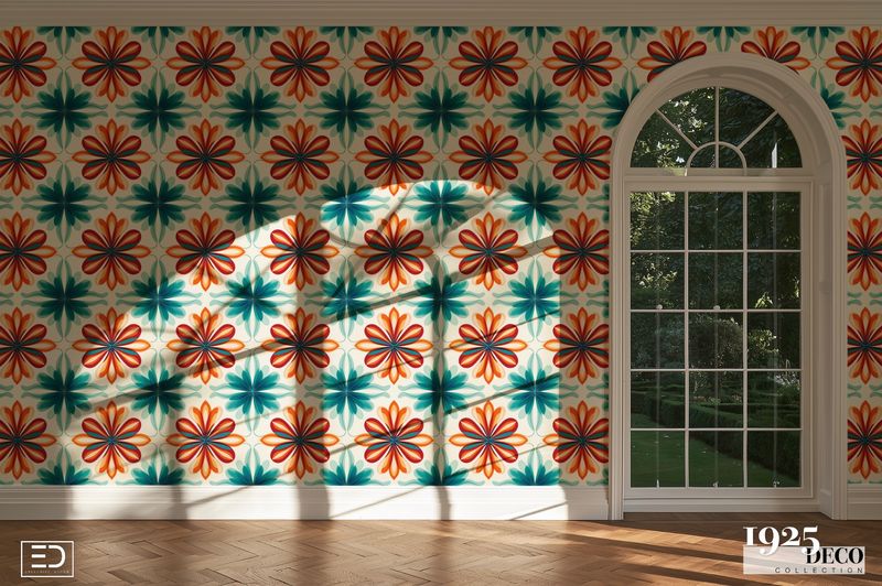 The Alhambra Wallpaper: Orange, Teal &amp; Cream | 1925 Deco Collection