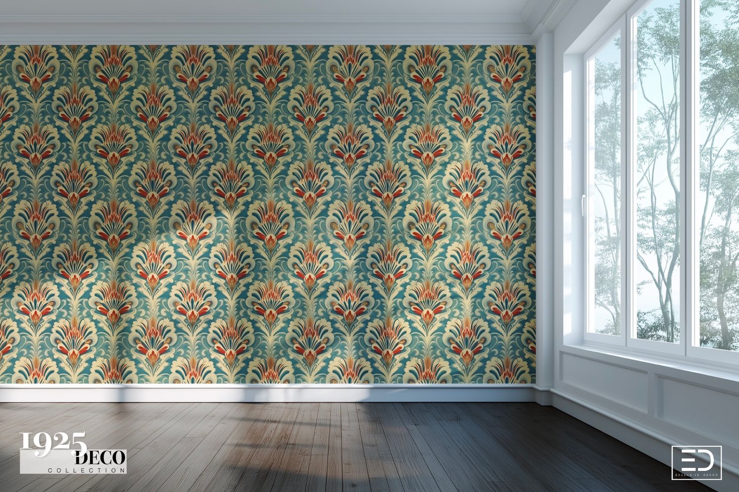 The Waldorf Wallpaper: Teal, Red &amp; Gold | 1925 Deco Collection