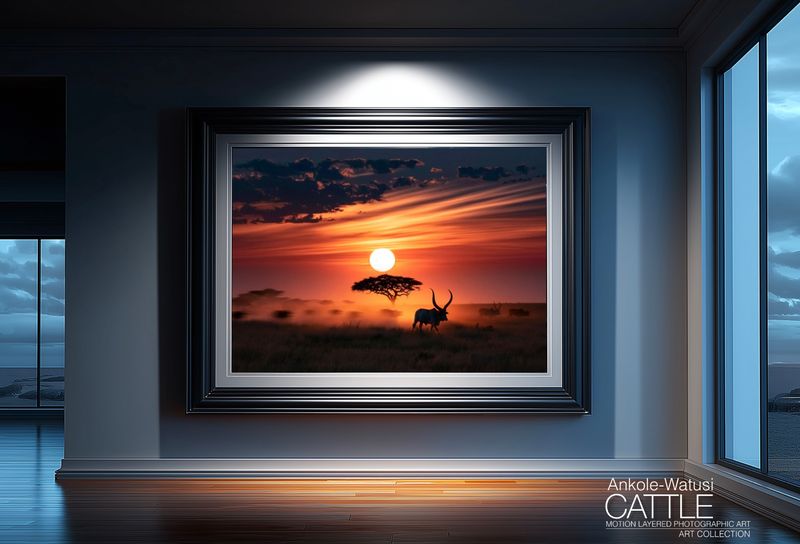 Halcyon, Untroubled. Original Ankole-Watusi Cattle Motion Layered Photographic Art Canvas Print
