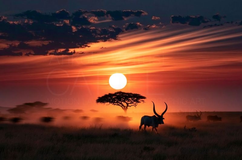 Halcyon, Untroubled. Original Ankole-Watusi Cattle Motion Layered Photographic Art Canvas Print
