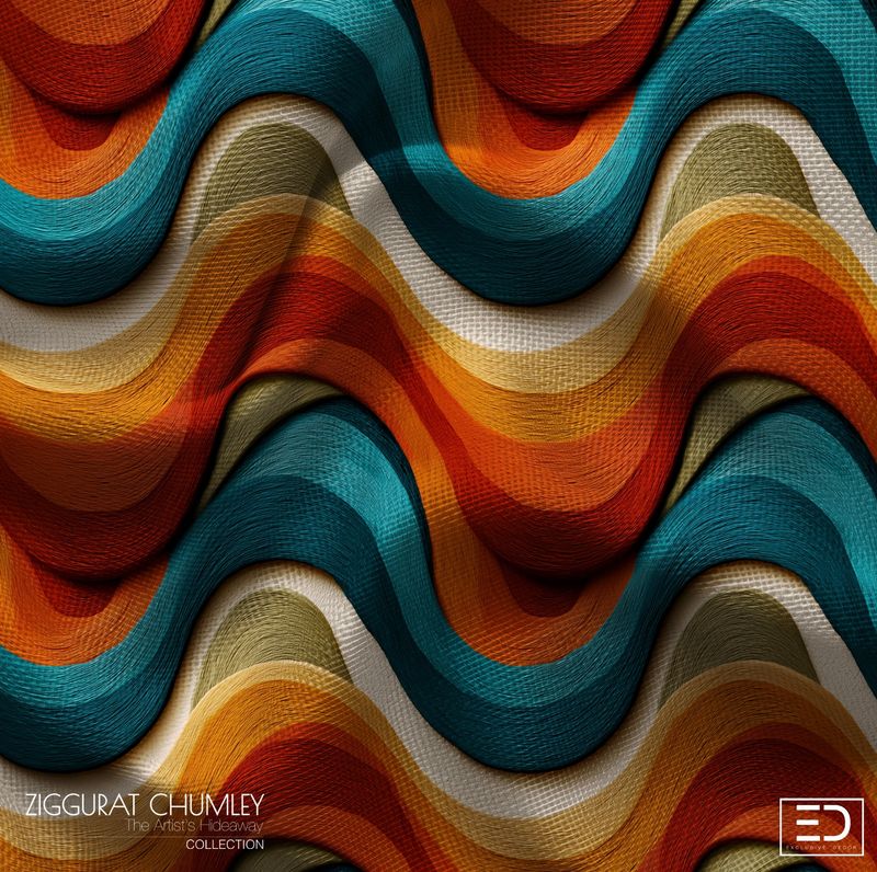 Fitzgerald Art Deco Era Fabric: Teal, Rust &amp; Ochre Wave | Ziggurat Chumley Collection