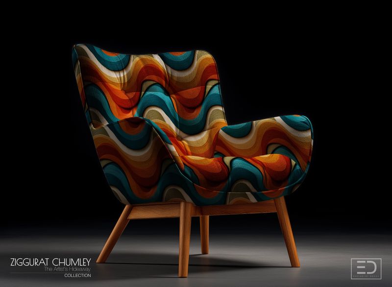 Fitzgerald Art Deco Era Fabric: Teal, Rust &amp; Ochre Wave | Ziggurat Chumley Collection