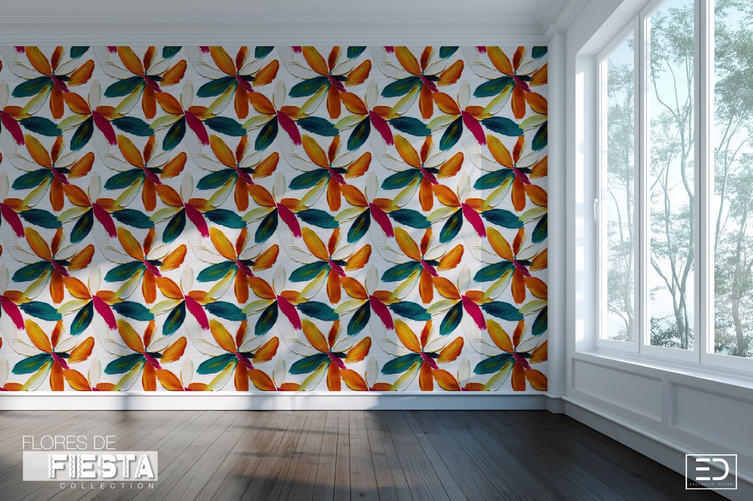 Pétalos del Sol Floral Wallpaper | Teal, Burnt Orange &amp; Warm Amber | Flores de Fiesta Collection
